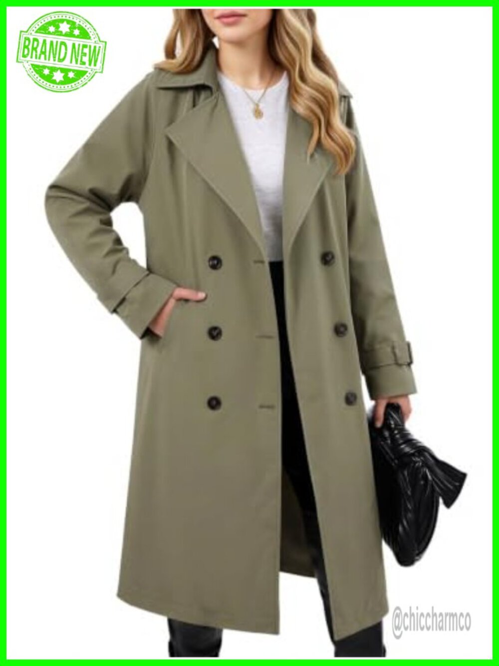 Women's Double Breasted Long Trench Coat Lapel Overcoat with Belt